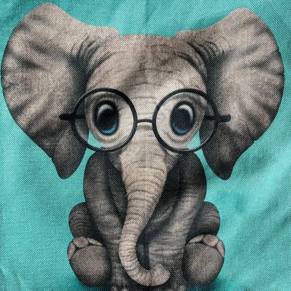 Baby Elephant with Glasses Teal Throw Pillow‎ Cover Square Linen Blend Whimsical
